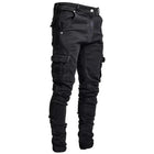 Men Street Elastic Denim Jeans Wash Solid Color Multi Pockets Cargo Pants Casual Slim Fit Daily Wear Joggers Mid Waist Trousers PlatiNum