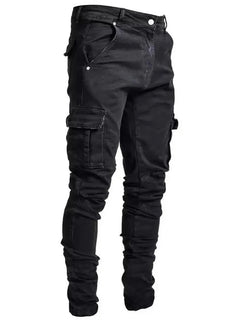 Men Street Elastic Denim Jeans Wash Solid Color Multi Pockets Cargo Pants Casual Slim Fit Daily Wear Joggers Mid Waist Trousers