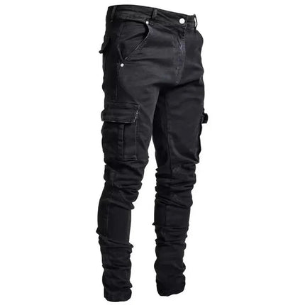 Men Street Elastic Denim Jeans Wash Solid Color Multi Pockets Cargo Pants Casual Slim Fit Daily Wear Joggers Mid Waist Trousers PlatiNum