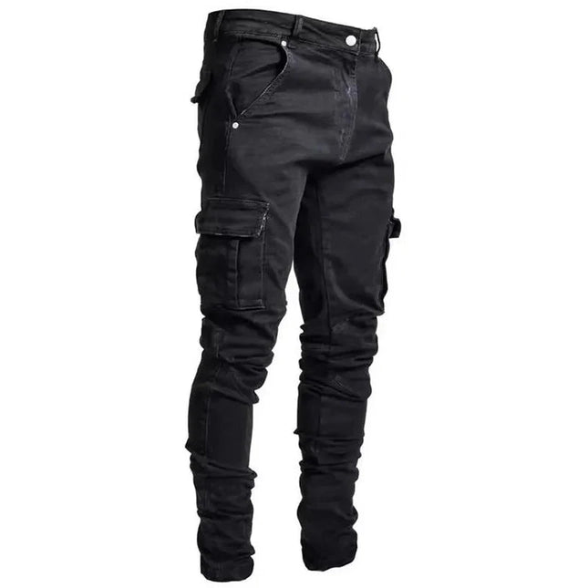 Men Street Elastic Denim Jeans Wash Solid Color Multi Pockets Cargo Pants Casual Slim Fit Daily Wear Joggers Mid Waist Trousers PlatiNum