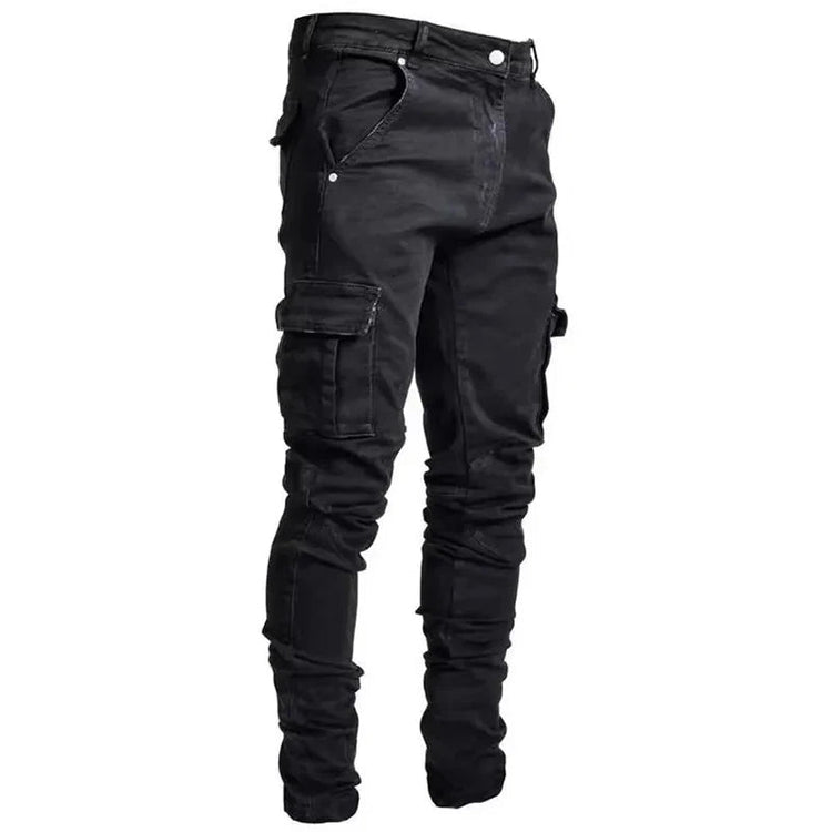 Men Street Elastic Denim Jeans Wash Solid Color Multi Pockets Cargo Pants Casual Slim Fit Daily Wear Joggers Mid Waist Trousers PlatiNum