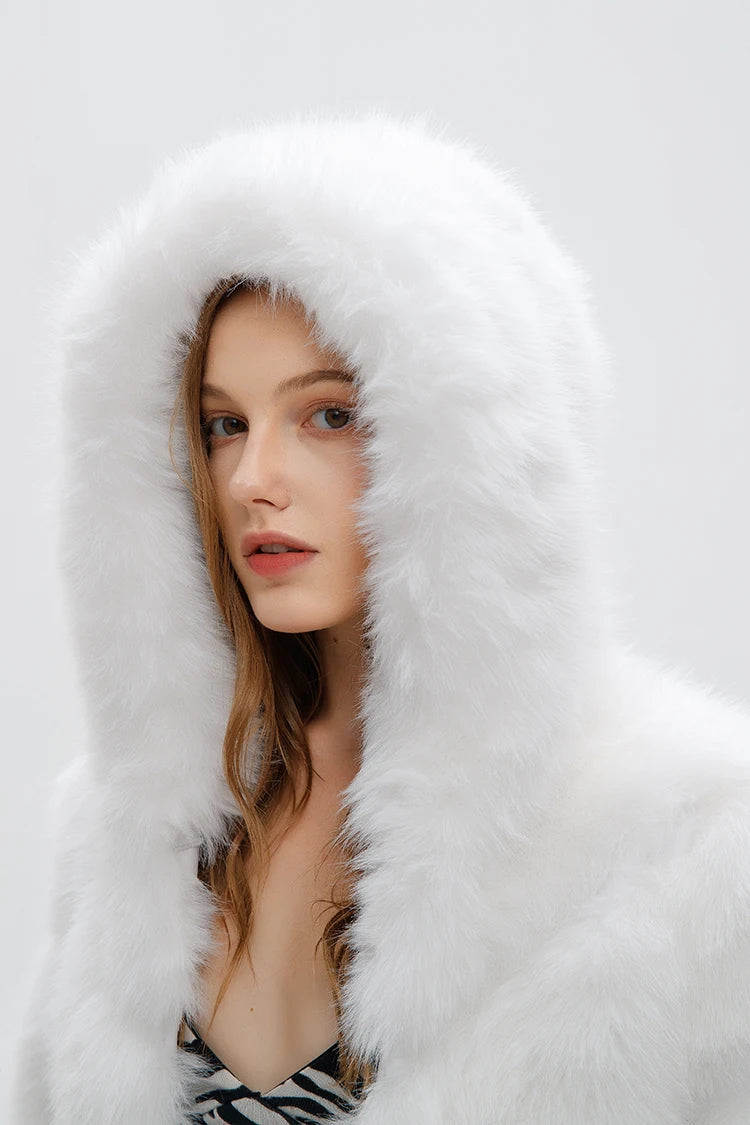 ZADORIN Fashion Hooded Splicing Fluffy Jacket Women Winter Long Sleeve White Faux Fur Coat Woman Clothing New in Coats & Jackets