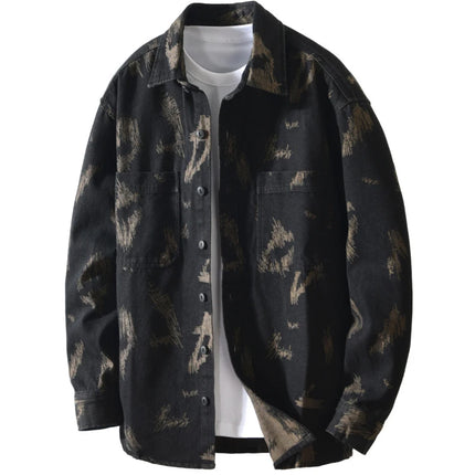 T795 Men's Long Sleeve Denim Casual Shirt for Autumn Winter Fashion Loose Relaxed Fit Vintage Flower Print Denim Jackets Male