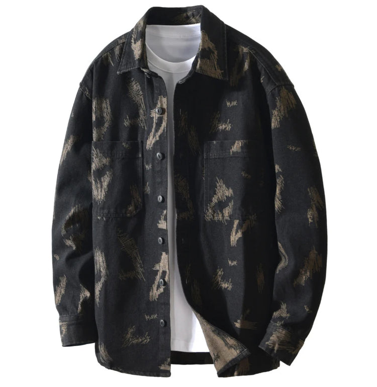T795 Men's Long Sleeve Denim Casual Shirt for Autumn Winter Fashion Loose Relaxed Fit Vintage Flower Print Denim Jackets Male