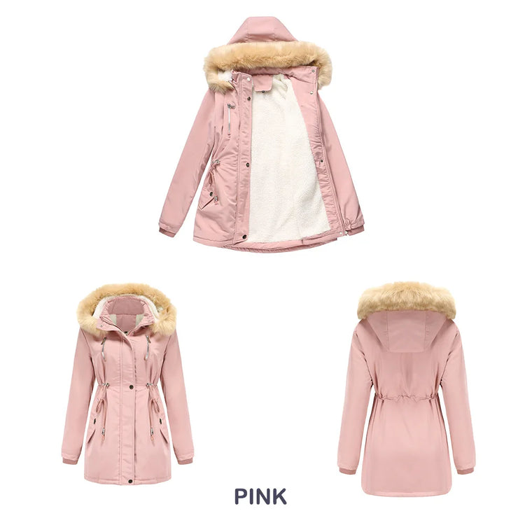 Women's Winter Coat Warm Fleece Lined Parka Detachable Faux Fur Hood Padded Jacket Slim Waist Thick Sherpa Loose Cotton Outwear