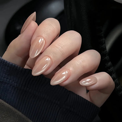 24Pcs Medium Almond Nude‑Pink 3D Textured Metallic Cat‑Eye French Sheer Press‑On False Nails For Nail Art Decor