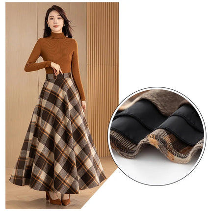 New Women Woolen Plaid Skirt Autumn Winter Fashion Elastic High Waist A-Line Wool Blended Long Skirt Simplicity Vintage Skirt PlatiNum