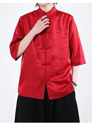 Camicie cinesi Camicia retrò in seta di ghiaccio con motivo floreale scuro Tradizionale Kung Fu Tai Chi Casual Loose Fit Top da uomo traspirante estivo