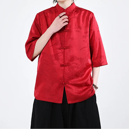 Camicie cinesi Camicia retrò in seta di ghiaccio con motivo floreale scuro Tradizionale Kung Fu Tai Chi Casual Loose Fit Top da uomo traspirante estivo