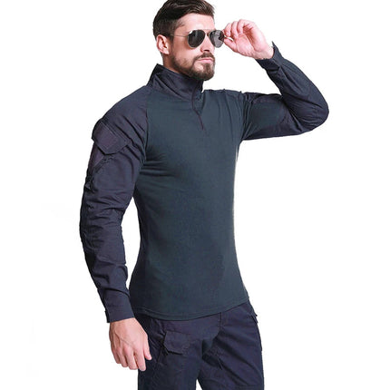 Men's Long Sleeve Combat Shirt 1/4 Zipper Ripstop Cotton Tactical Shirts Navy Blue Camoufalge Airsoft T Shirts PlatiNum