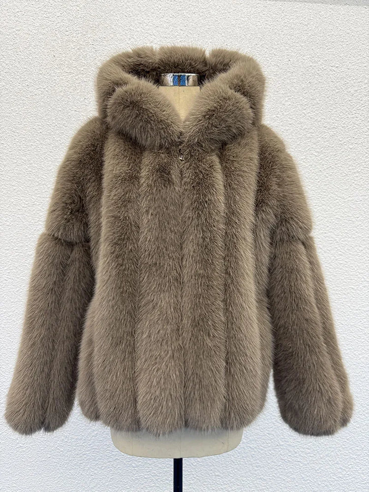 ZADORIN New Luxury Designer Faux Fur Coat Woman Hooded Zipper Furry Warm Winter Faux Fur Jacket Streetwear Fur Coats Woman Tops