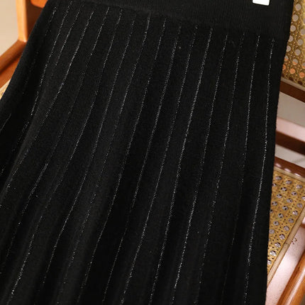 Women's Wool Skirts A-Line Pleated Cashmere Skirt Autumn Winter Elastic Waist 100% Merino Wool Knitted Bright Silk Style Dress PlatiNum