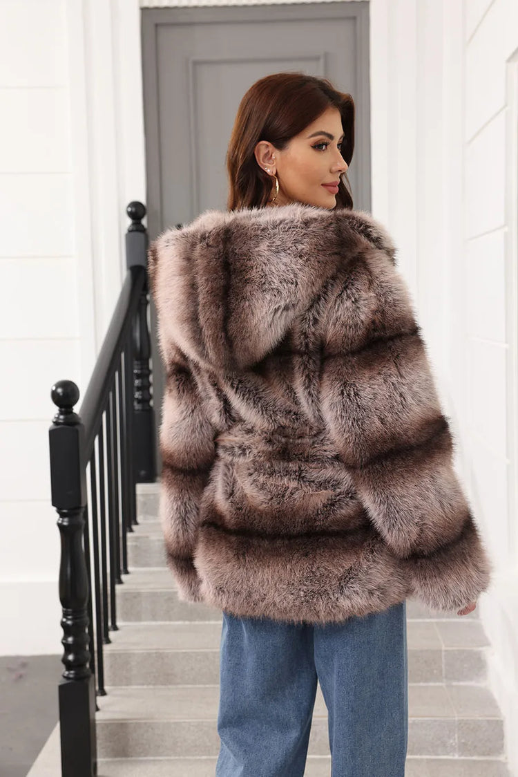 ZADORIN New Stripes Winter Fur Coats Woman Mid Long Hooded Warm Loose Faux Fur Coat For Woman Elegant Belted Fluffy Fur Jacket