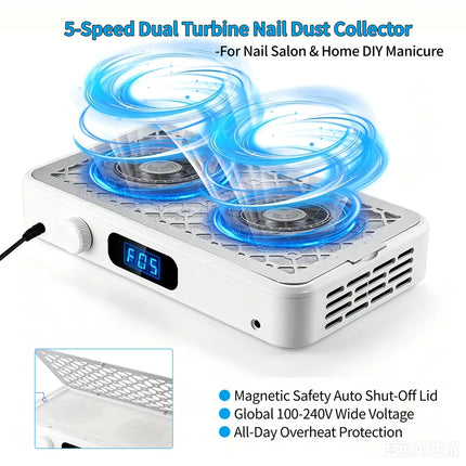 Brushless Nail Dust Collector Dual Turbo Fans Nail Vacuum Cleaner 5-Level Suction Two Hands Nail Dust Extractor Fans for Nail Salon Manicure Table