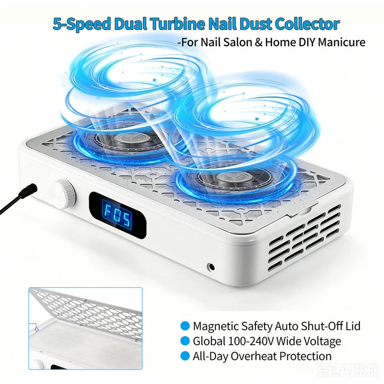 Brushless Nail Dust Collector Dual Turbo Fans Nail Vacuum Cleaner 5-Level Suction Two Hands Nail Dust Extractor Fans for Nail Salon Manicure Table
