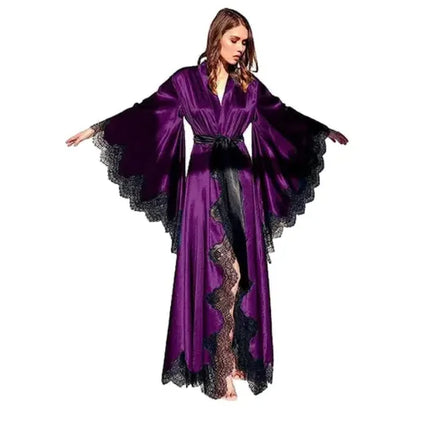 Vestaglie da donna Indumenti da notte Pigiama kimono Puro lungo raso di seta nera con finiture in pizzo Abito fotografico Abito da sposa Abito da sposa Servizio fotografico