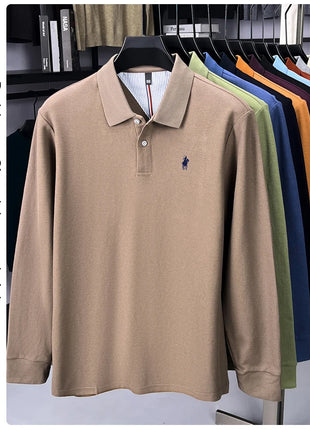 Polo à manches longues de marque haut de gamme 100 % coton, nouveau t-shirt décontracté à revers pour homme d'affaires, confort de luxe avec broderie Paul poney