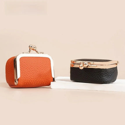 Genuine Leather Kiss Lock Coin Purse Solid Color Multifunctional Leather Jewelry Bag Mini Square Small Item Bag Jewelry Storage PlatiNum