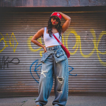 Jeans a gamba dritta da donna, lavati, a vita media, larghi, strappati, effetto vintage, streetwear, lunghezza intera