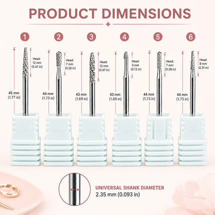 6PCS Tungsten Carbide Nail Drill Bit Set for Cuticle Prep, Professional Manicure Bits for Sidewalls, Dead Skin and Nail Surface Cleaning, with Individual Storage Bases, Salon Nail Art Tools
