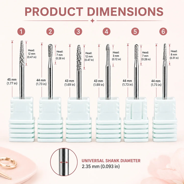 6PCS Tungsten Carbide Nail Drill Bit Set for Cuticle Prep, Professional Manicure Bits for Sidewalls, Dead Skin and Nail Surface Cleaning, with Individual Storage Bases, Salon Nail Art Tools