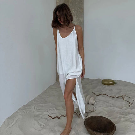 HiLoc Abito lungo bianco allentato casual Robe 2025 Nuovi abiti estivi con scollo a V per le donne Primavera senza maniche Vestaglie dritte Camicia da notte
