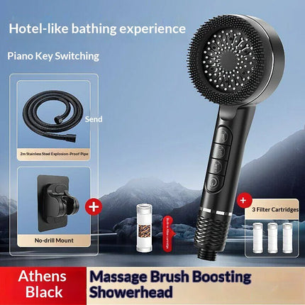 Soffione doccia autopulente a 4 modalità con spazzola in silicone, arresto acqua con un tasto, massaggio ad alta pressione, soffione in ABS con filtro