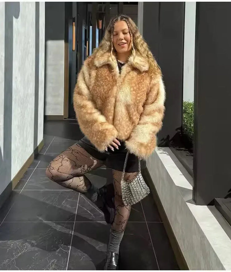 ZADORIN Chic Turn Down Collar Deer-print Cropped Fluffy Faux Fur Coat Woman Elegant Warm Faux Fur Jackets Woman Winter Coat Tops