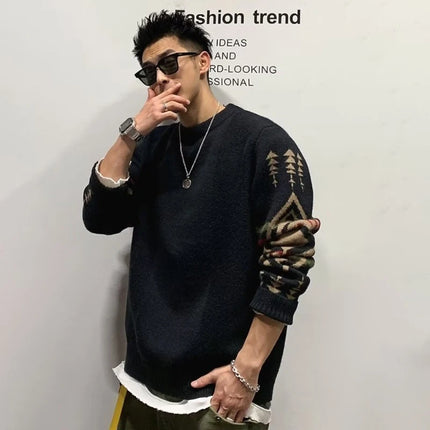 Autumn Men's Ethnic Style O-Neck Knitted Sweaters Y2K Vintage Streetwear Knitwear 2025 New Casual Pattern Printed pull homme