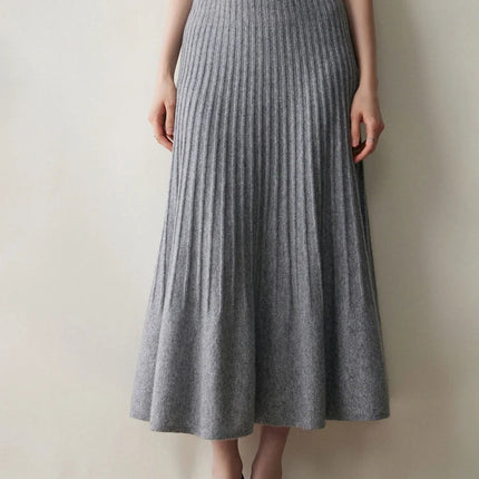 New Arrivals Women Cashmere A-line Skirt Elastic Waist Pleated Skirt 100% Cashmere Knitted Autumn Winter Thin Office Lady Dress PlatiNum