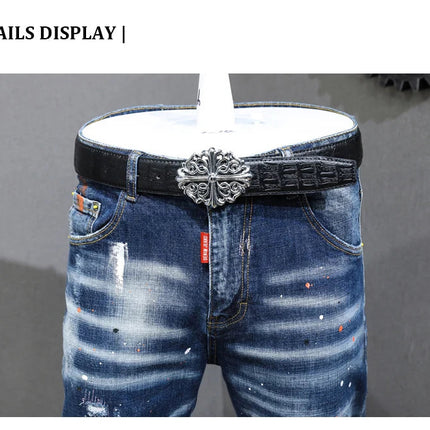 Fashion Designer Men Jeans Retro Blue Stretch Slim Fit Painted Ripped Jeans Men Korean Style Vintage Casual Denim Pants Hombre PlatiNum