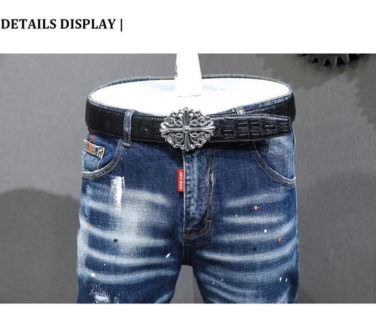 Fashion Designer Men Jeans Retro Blue Stretch Slim Fit Painted Ripped Jeans Men Korean Style Vintage Casual Denim Pants Hombre PlatiNum