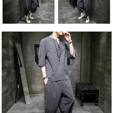 Stile giapponese due pezzi t-shirt pantaloni uomo uomo abiti Kimono maniche corte giappone Harajuku Yukata Cardigan Costume top pantaloni