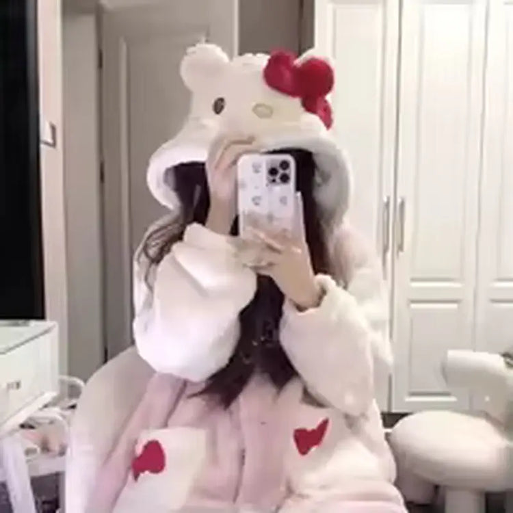 2025 Hello Kitty Pajamas Women'S Autumn And Winter Coral Velvet Thickened Bathrobe Cute Winter Nightgown Long Women'S Suit
