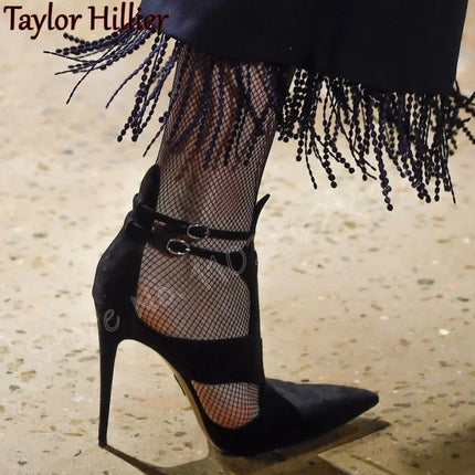Primavera nuove pompe in pelle scamosciata a punta cinturino con fibbia a spillo tacchi alti pompe moda traspirante elegante passerella scarpe da donna di lusso 46