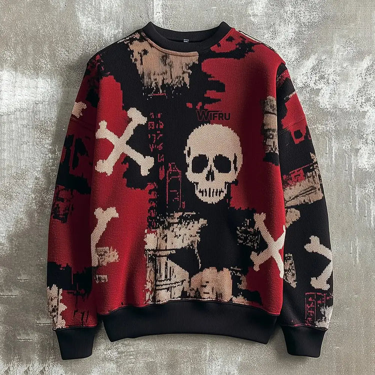 Men's Skull Print Sweatshirt Street Style Retro Graffiti Fashion Pullover Autumn Harajuku Style Casual Loose Crew Neck Top