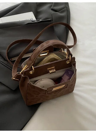 Elegante Mini Borsa a Tracolla con Manico Superiore, Chiusura Dorata, Versatile Borsa in Finta Pelle Scamosciata e Pelle per Uso Quotidiano Femminile