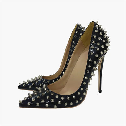Super Thin Heel 8 10 12CM Sexy All Spikes Rivets Women Pumps Pointed Toe Super High Heels Party Nightclub Fashion Shoes Size 46