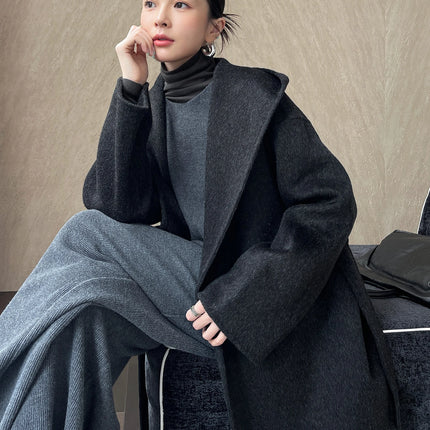 Brushed 100% Wool Coat Women Hooded Belted Wrap Coat Long-Pile Double-Faced Texture Unlined Relaxed Fit Short Coats Fall Winter