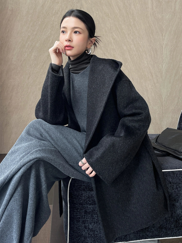Brushed 100% Wool Coat Women Hooded Belted Wrap Coat Long-Pile Double-Faced Texture Unlined Relaxed Fit Short Coats Fall Winter