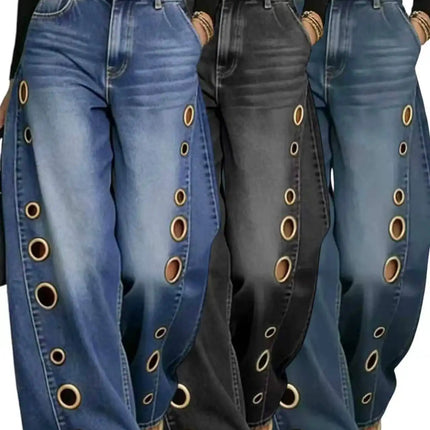 Jeans da Donna a Gamba Larga, Vita Media, con Dettagli Traforati, Effetto Vintage, Stile High Street, Eleganti, da Lavoro, Casual, Pantaloni Dritti