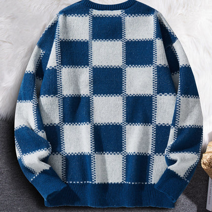 Retro Trendy Plaid Jacquard Pattern Pullover Sweater Casual Round Neck Color-Block Knit Men's Pullover