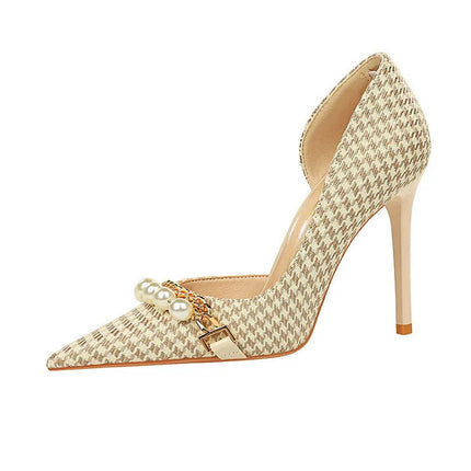 BIGTREE Scarpe 2026 Primavera Donna Pompe Catena di metallo perlato Tacchi alti Grana a quadri Tacchi a spillo Tacchi da donna Scarpe da banchetto di lusso 43 platinumshop