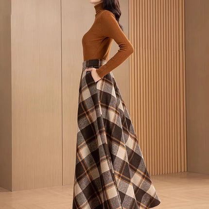 New Women Woolen Plaid Skirt Autumn Winter Fashion Elastic High Waist A-Line Wool Blended Long Skirt Simplicity Vintage Skirt PlatiNum