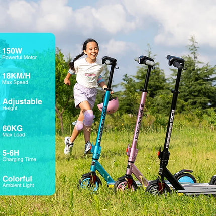 Monopattino elettrico pieghevole RCB R12 Pro W per bambini, autonomia 18 km/h, autonomia 15 km, schermo LED, luce RGB, per bambini dai 6 ai 12 anni