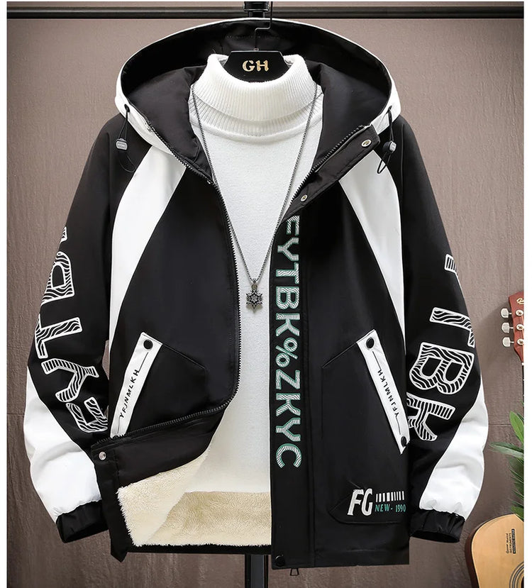 Winter Warm Hooded patchwork Jacket+Pant 2-piece Set Men Set Sports Suit Fleece Thickened Sportswear Casual Men Tracksuit
