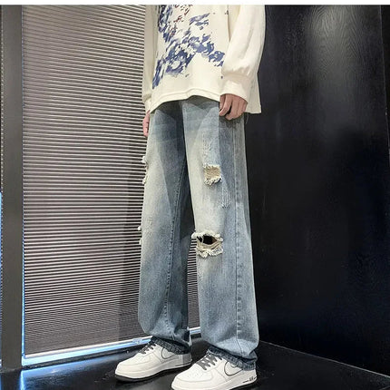 New vintage casual loose fit men's jeans with high street style straight leg denim pants for teenagers, torn knees and damaged PlatiNum