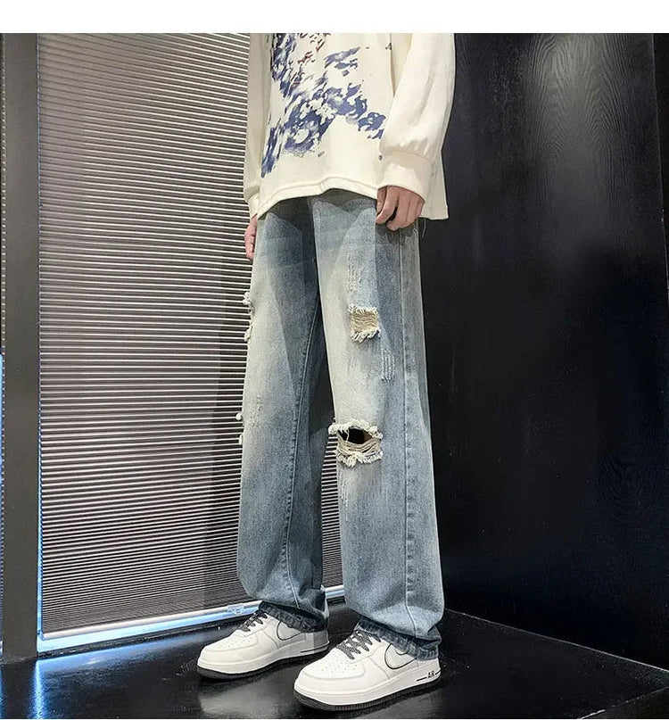 New vintage casual loose fit men's jeans with high street style straight leg denim pants for teenagers, torn knees and damaged PlatiNum