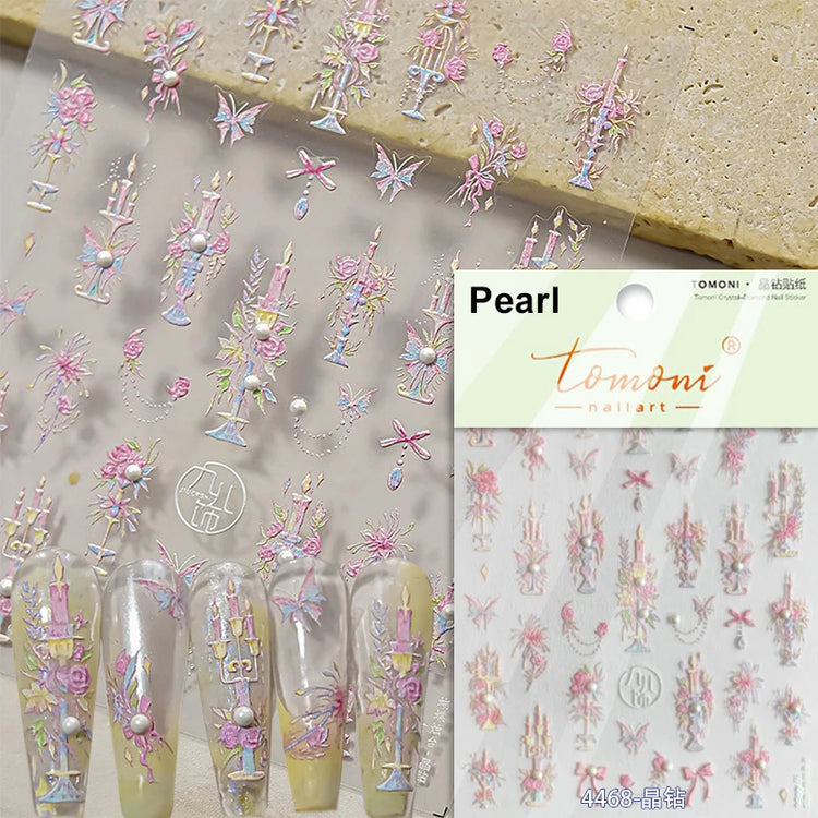 5D Kawaii Lily Nail Art Stickers 1pcs Japanese Pink White Flower With Diamond Self Adhesive Nail Decorations Slider Decals DIY