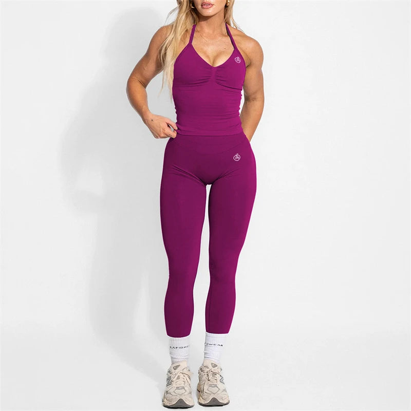 Women's Yoga Set Bum Balance Fitted Halter Tops & Shaping Pants 2pcs Yoga Sportwear Workout Gym Clothing High Waist Leggings Set